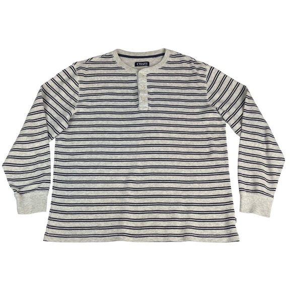 Chaps Men's Henley Shirt L White Navy Blue Striped Cotton Polyester Casual - Picture 1 of 6